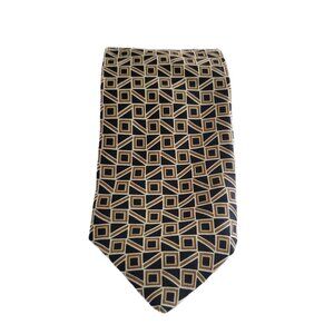 Italian Silk Tie J. Ferrar Geometric Pattern in Black, Brown, and Tan